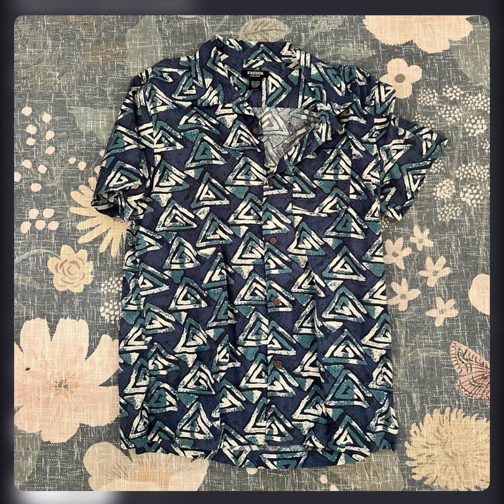 RSQ Navy and Teal Triangle Pattern Shirt
